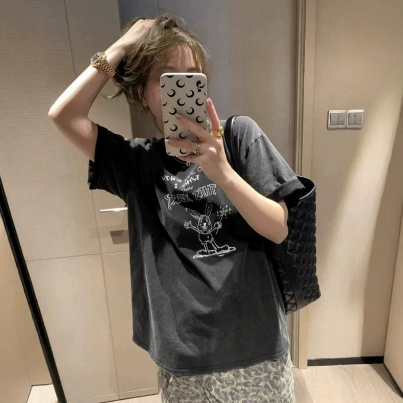 港风ins潮牌水洗黑做旧短袖t恤女夏季复古情侣装街头风半袖上衣