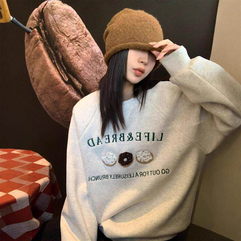 秋季字母刺绣甜甜圈圆领卫衣女款春秋2026新款套头长袖小个子上衣
