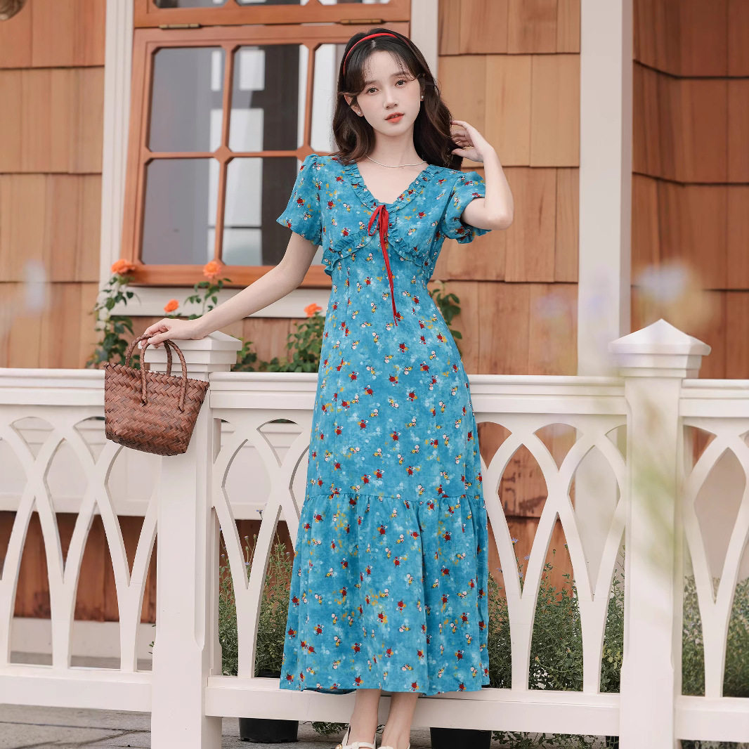 温柔风泡泡袖晕染碎花连衣裙女夏蝴蝶结系带收腰显瘦V领气质长裙