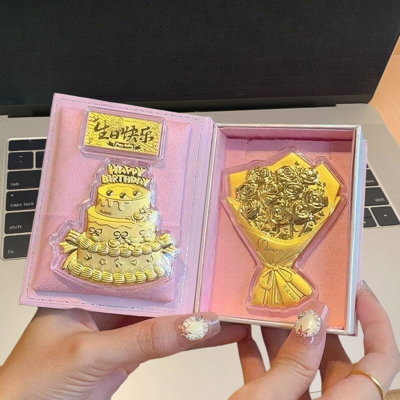 水贝足金999七夕玫瑰花束蛋糕礼盒版送老婆金币生日礼物送女友