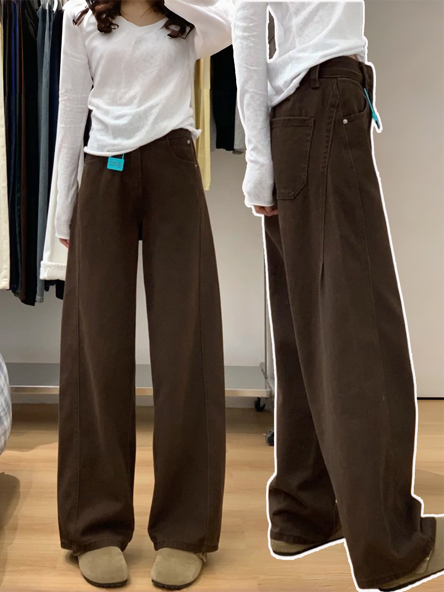 咖色加绒阔腿牛仔裤女2025新款秋冬高腰美式高个子加长宽松弯刀裤