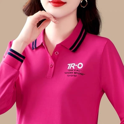 2025新款纯棉春秋季长袖polo衫t恤女妈妈装时尚印花宽松中年人翻
