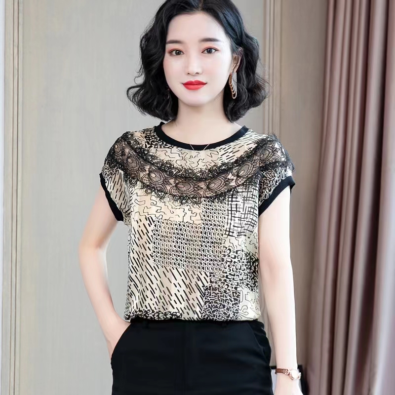 高档女装2025新款时尚髦气质洋气衬衫别致雪纺短袖遮肚蕾丝上衣女
