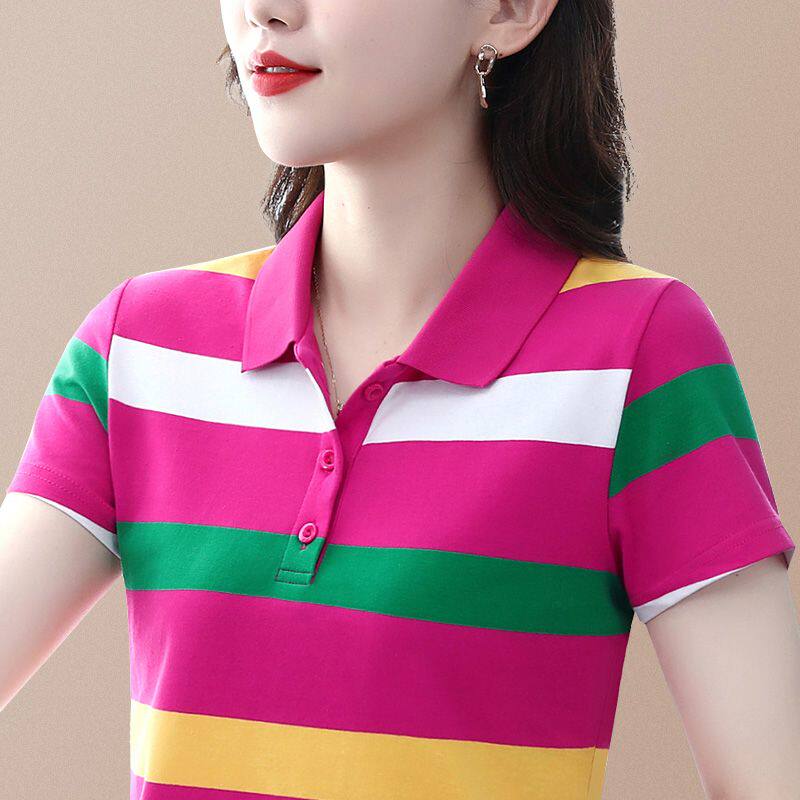 2026新款纯棉Polo上衣短袖条纹夏天大码女装薄款韩版翻领运动显瘦