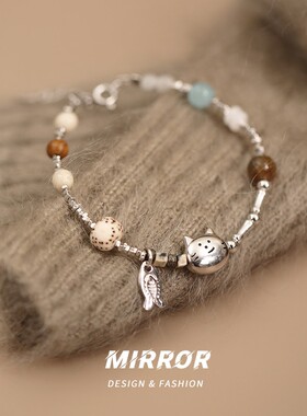 小麋人925纯银猫咪小鱼手錬女手环手饰个性时尚高级感学生礼物潮