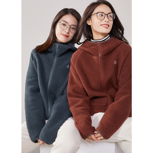 羊毛混纺卫衣女斜肩宽松加绒连帽小个子2025秋开衫 休闲摇粒绒外套