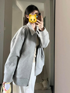 灰色翻领卫衣外套女款春秋季2025新款韩系宽松棒球服独特休闲上衣