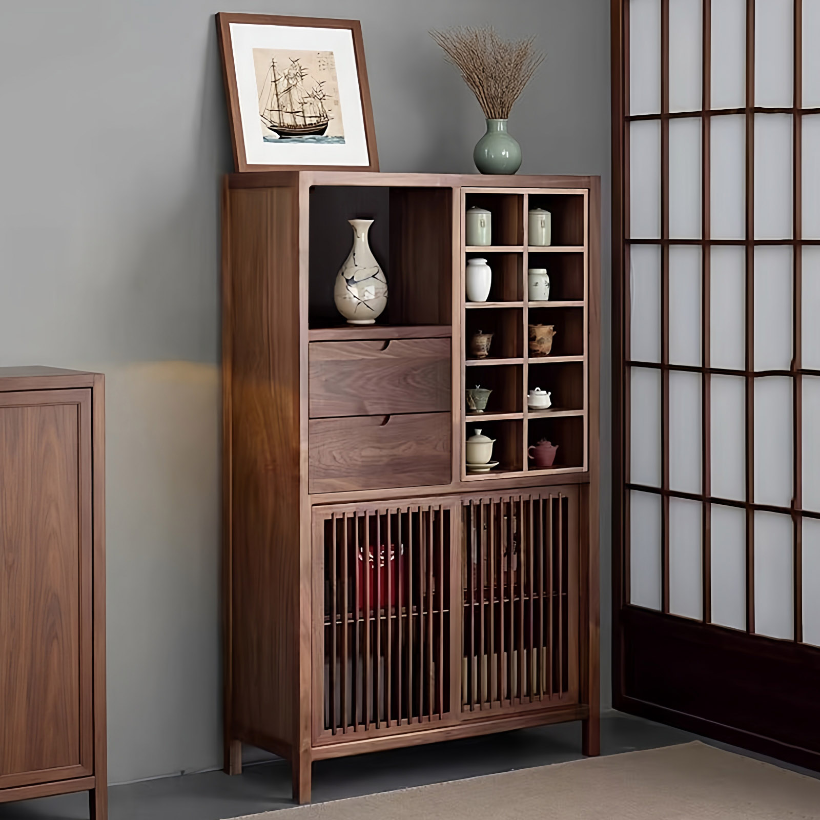 新中式黑胡桃餐边柜茶水柜收纳柜