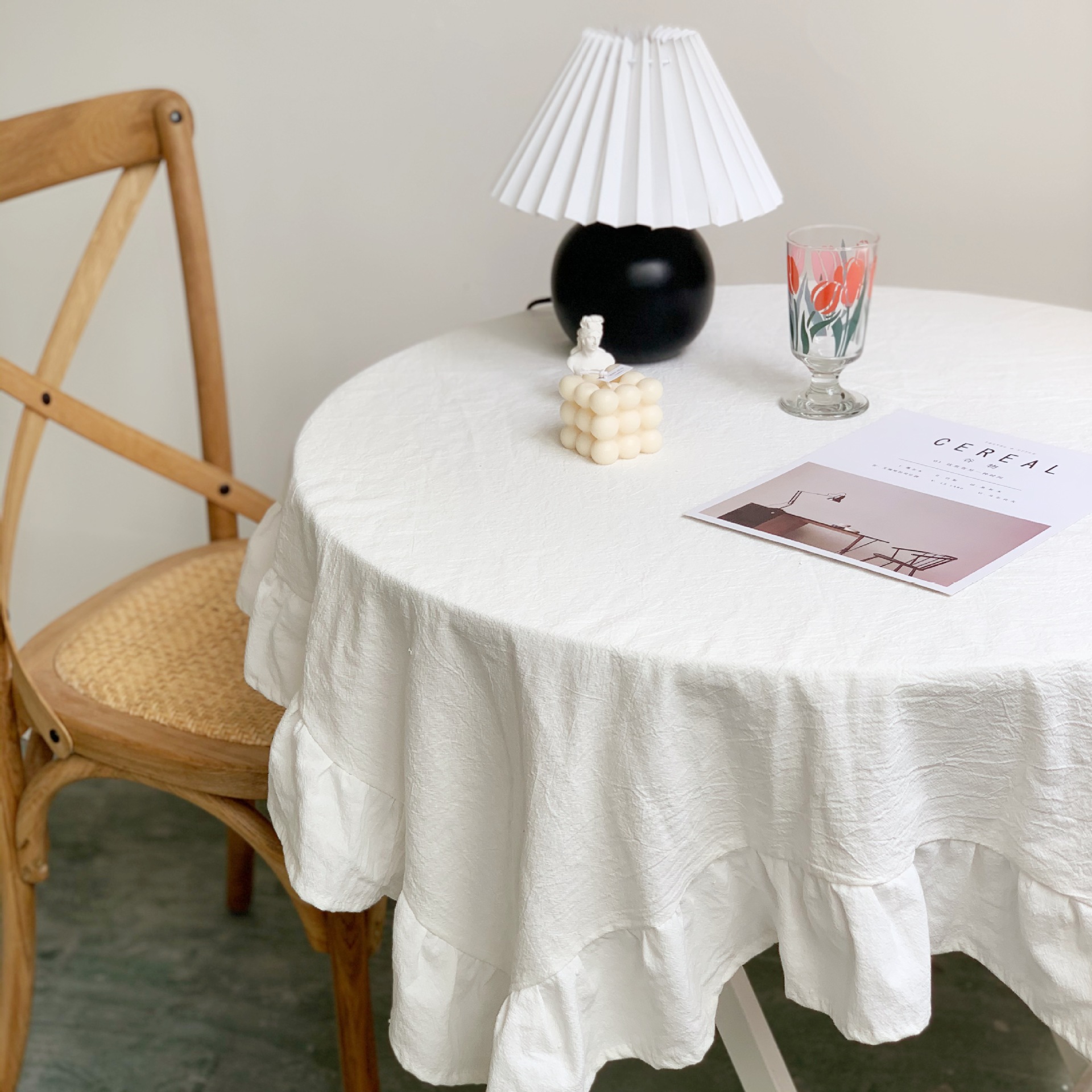 ins法式复古褶皱荷叶边桌布白色纯色摆拍背景布民宿客厅圆桌盖布