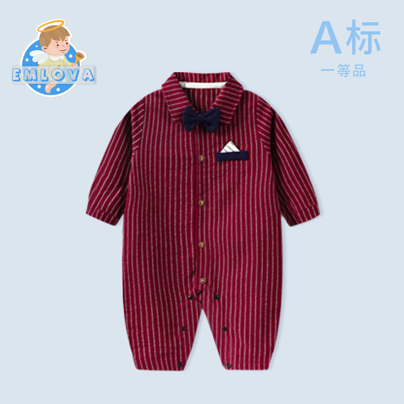 百天宝宝衣服男婴儿春秋连体衣红色周岁宴绅士外出礼服百岁拜年服