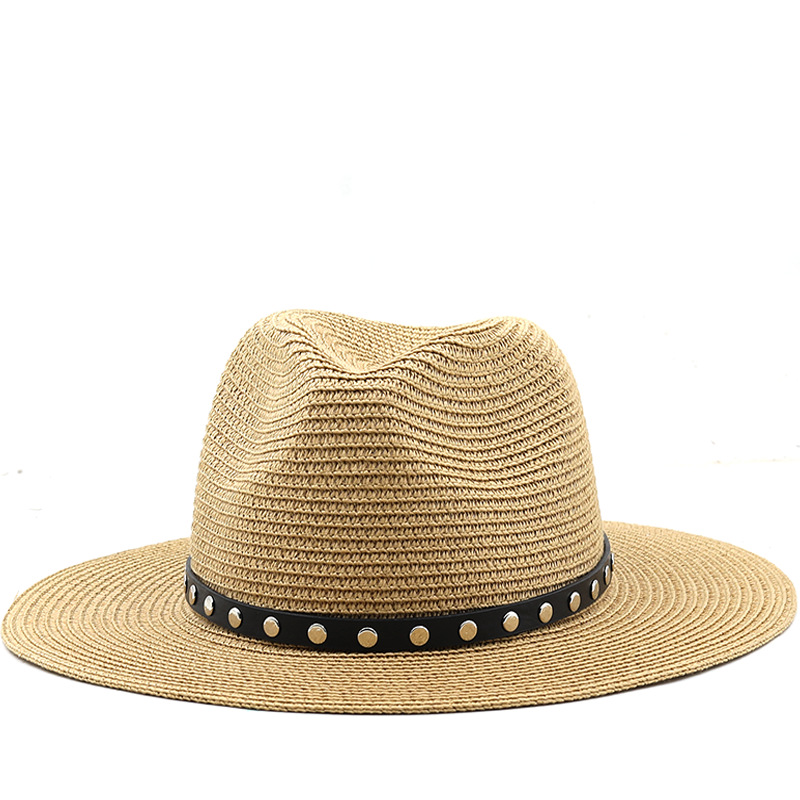 草帽Vintage Western Cowboy Hat男女士铆钉带装饰大檐草帽