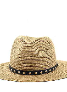草帽Vintage Western Cowboy Hat男女士铆钉带装饰大檐草帽