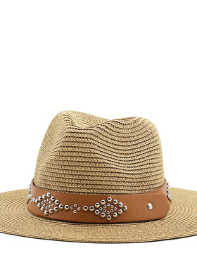 草帽Vintage Western Cowboy Hat Fashion复古大撞钉皮带纯色