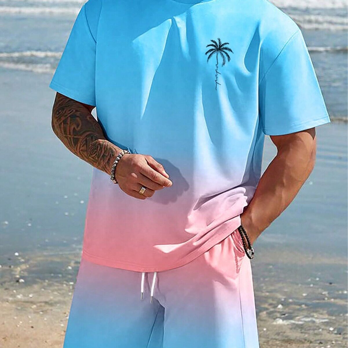 man tshirts shorts Set beach men夏3D印花T恤短裤两件套装时尚