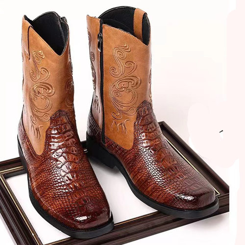 cowboy boots新款中帮男士百搭皮靴印花马丁靴英伦风中帮时尚潮流