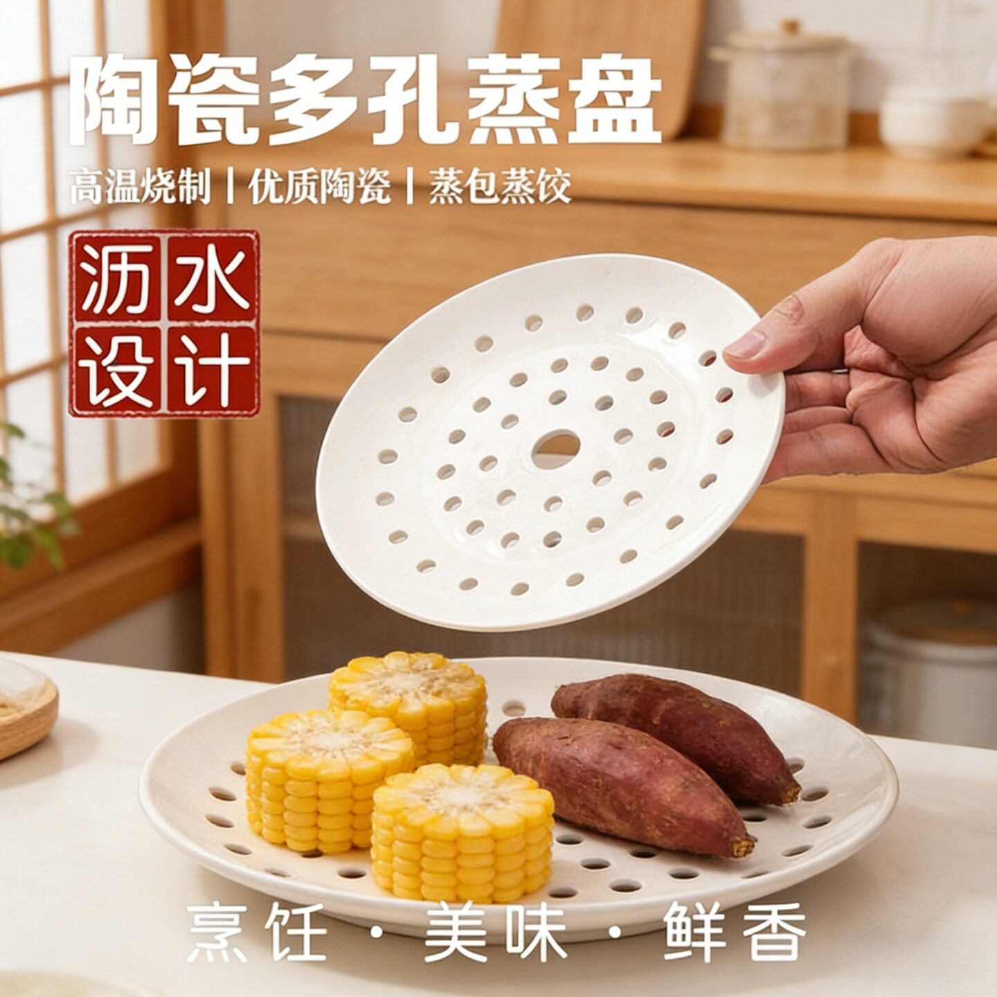 陶瓷多孔盘子蒸盘家用水果盘创意海鲜微波炉漏盘饺子盘沥水盘虾盘