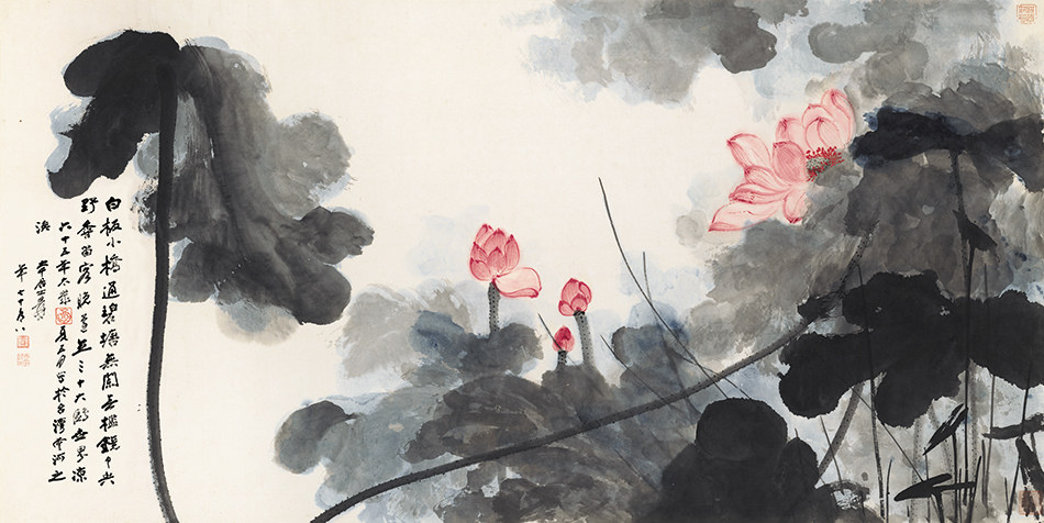 张大千荷花横幅原作版画宣纸复制画客厅办公室挂画水墨画