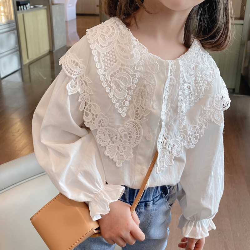 蓬蓬2025春秋季新款蕾丝花边领韩版全棉白色洋气长袖女童衬衫衬衣