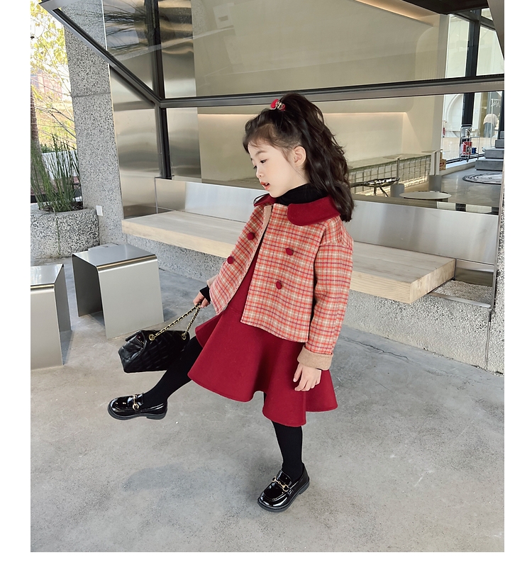 蓬蓬秋冬季韩版加棉加厚羊绒女童两件套装洋气毛呢年款红色连衣裙