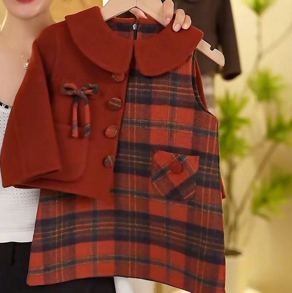 蓬蓬韩系秋冬女童加棉羊毛呢大衣儿童呢子外套中大童中长格子套装