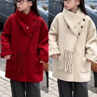 蓬蓬韩系秋冬新款女童加棉夹棉大衣儿童毛呢子外套中大童中长围巾