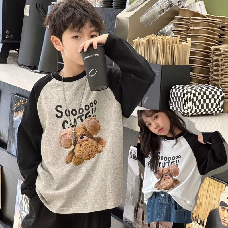 2026春秋男女童拼色长袖T恤薄款纯棉印花小中大童洋气打底插肩衫