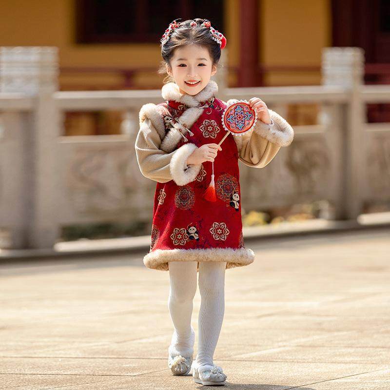 女宝宝加绒唐装国风棉衣旗袍冬季新款中式汉服连衣裙喜庆拜年服