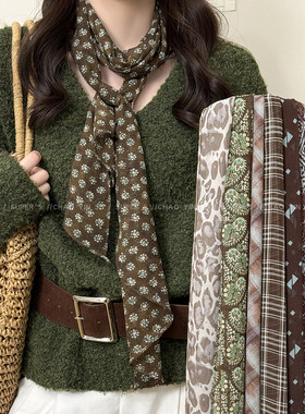 文艺复古绿色碎花长条丝巾女巨好看冬季系脖围巾长款丝带围脖配饰