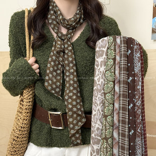 文艺复古绿色碎花长条丝巾女巨好看冬季系脖围巾长款丝带围脖配饰