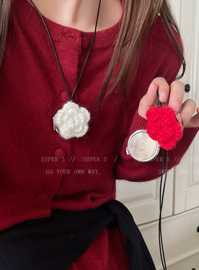 挂脖立体花朵小镜子吊坠项链补妆