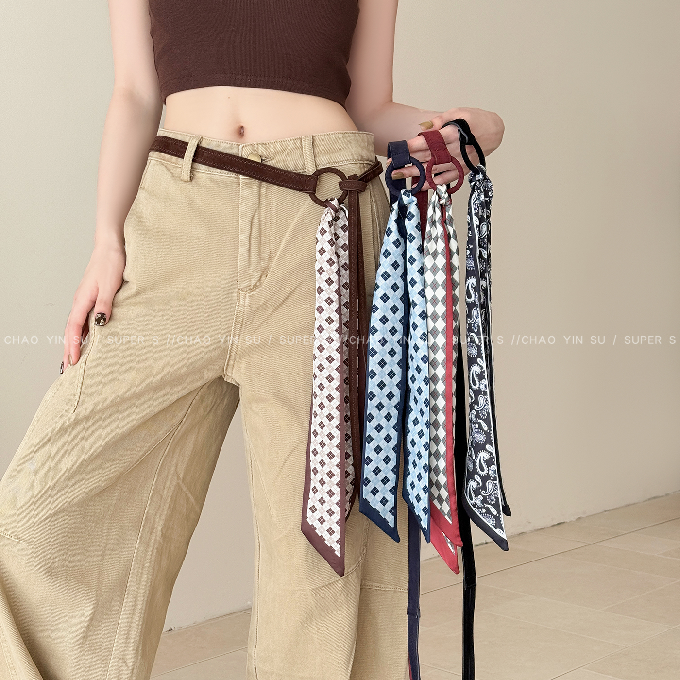 美式复古红色格子丝巾双皮条腰带