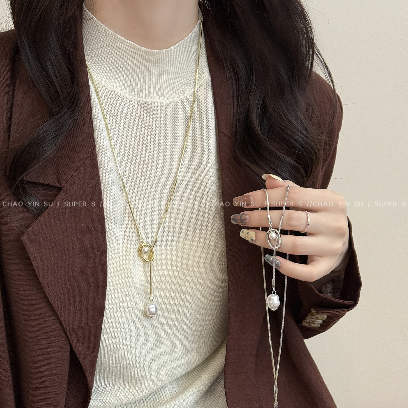 金色珍珠长款抽拉项链