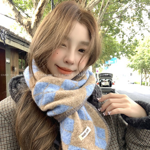 蓝色菱格小羊绒针织围巾女冬季加厚防寒百搭护颈小众氛围感小围脖