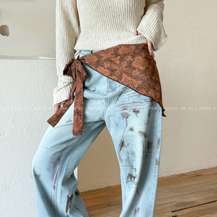 美拉德咖色复古腰果花三角巾丝巾女新款民族风独特腰间屁帘围巾