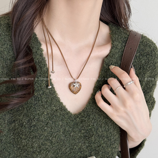 美拉德天然石爱心吊坠项链女高级感星星配饰品秋冬咖色长款毛衣链
