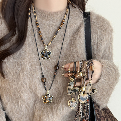 美拉德豹纹爱心丝巾项链