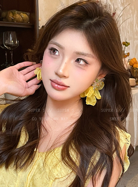 超仙黄色花朵耳环女明媚夸张独特绝美耳钉海边海岛度假风出片耳饰