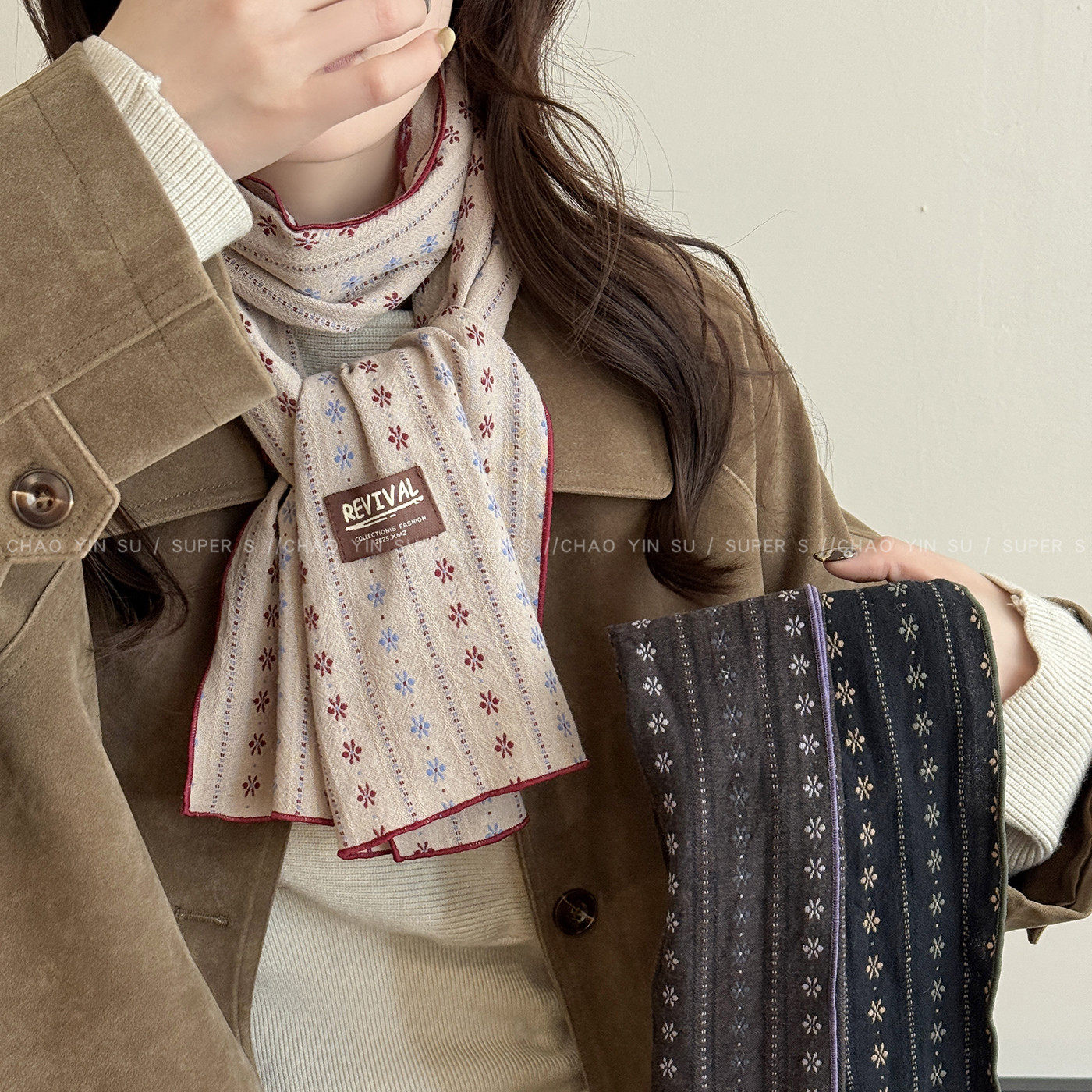 日系文艺风布艺碎花围巾女冬季保暖护颈长条围脖复古系脖丝巾配饰