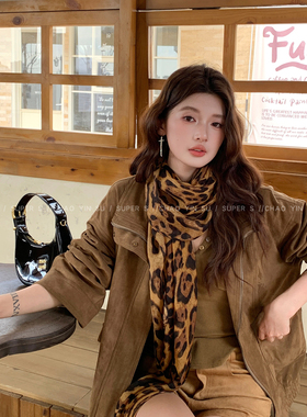 复古回潮！咖色系豹纹印花丝巾女薄款老钱风氛围感围巾披肩配饰品