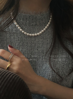 施家珍珠元宝扣串珠项链女小众