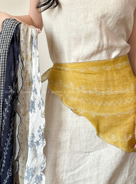 日系复古100%亚麻碎花丝巾女叠穿屁帘配裙子三角头巾系脖围巾配饰