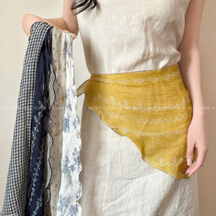 日系复古100%亚麻碎花丝巾女叠穿屁帘配裙子三角头巾系脖围巾配饰