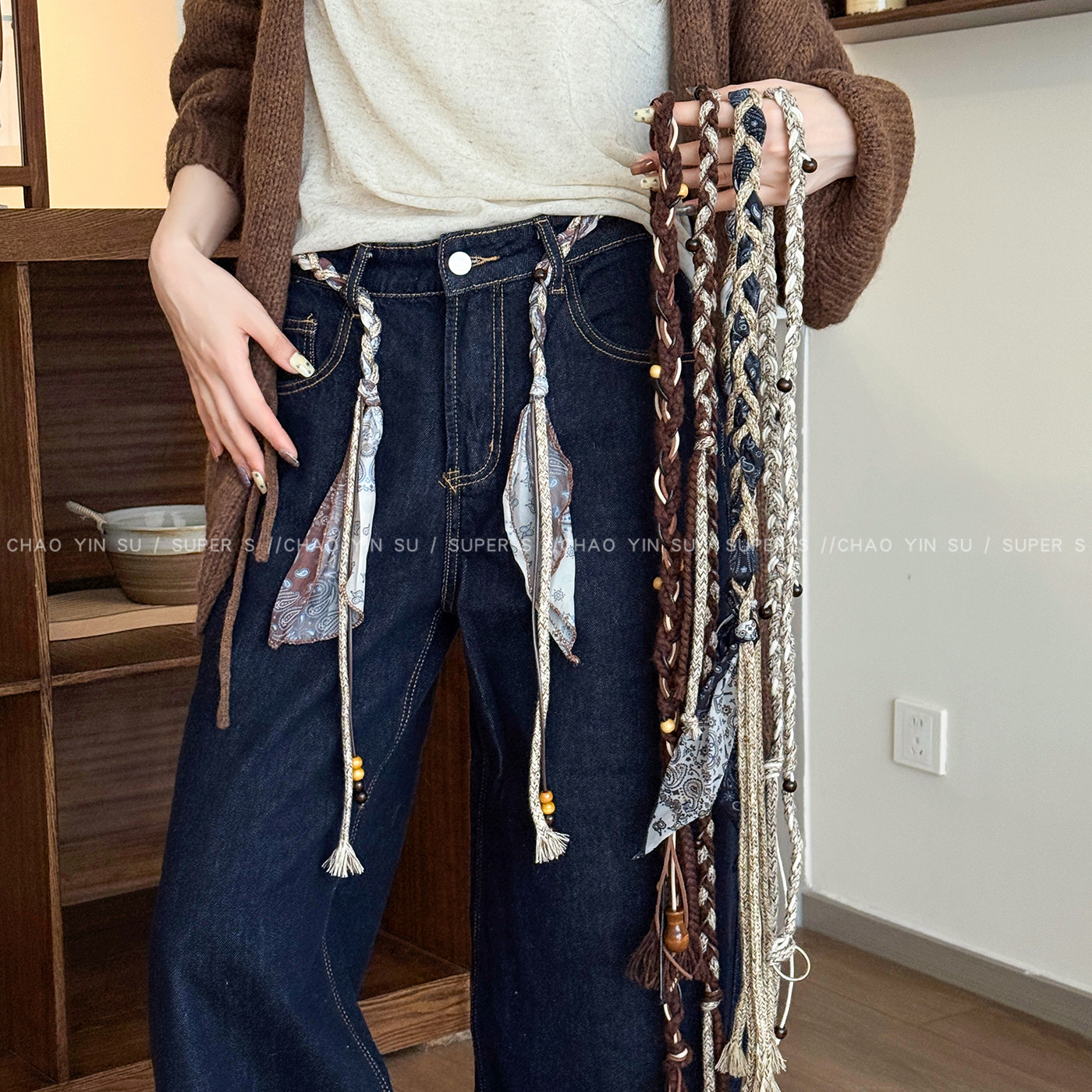 手工编织绳丝巾腰链配牛仔裤腰绳