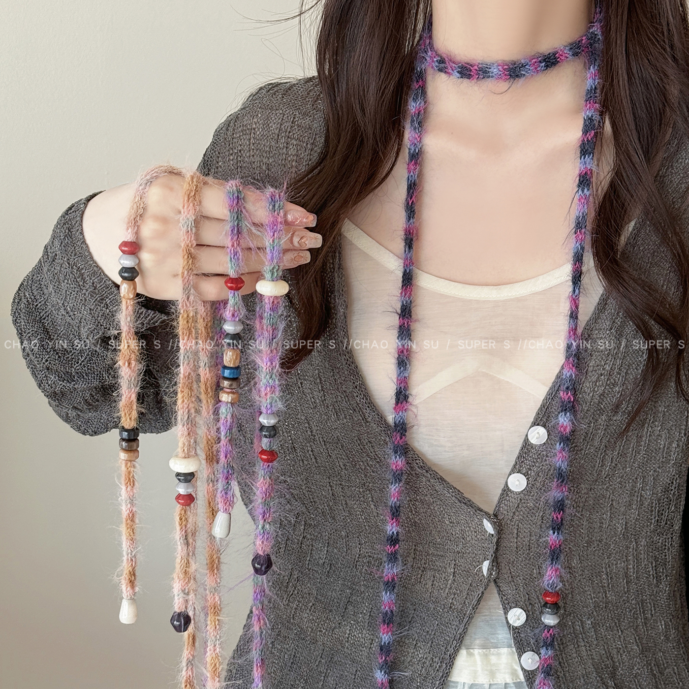 Y2k辣妹千禧风细长条毛线围巾项链女秋冬新款飘带领巾高级感配饰