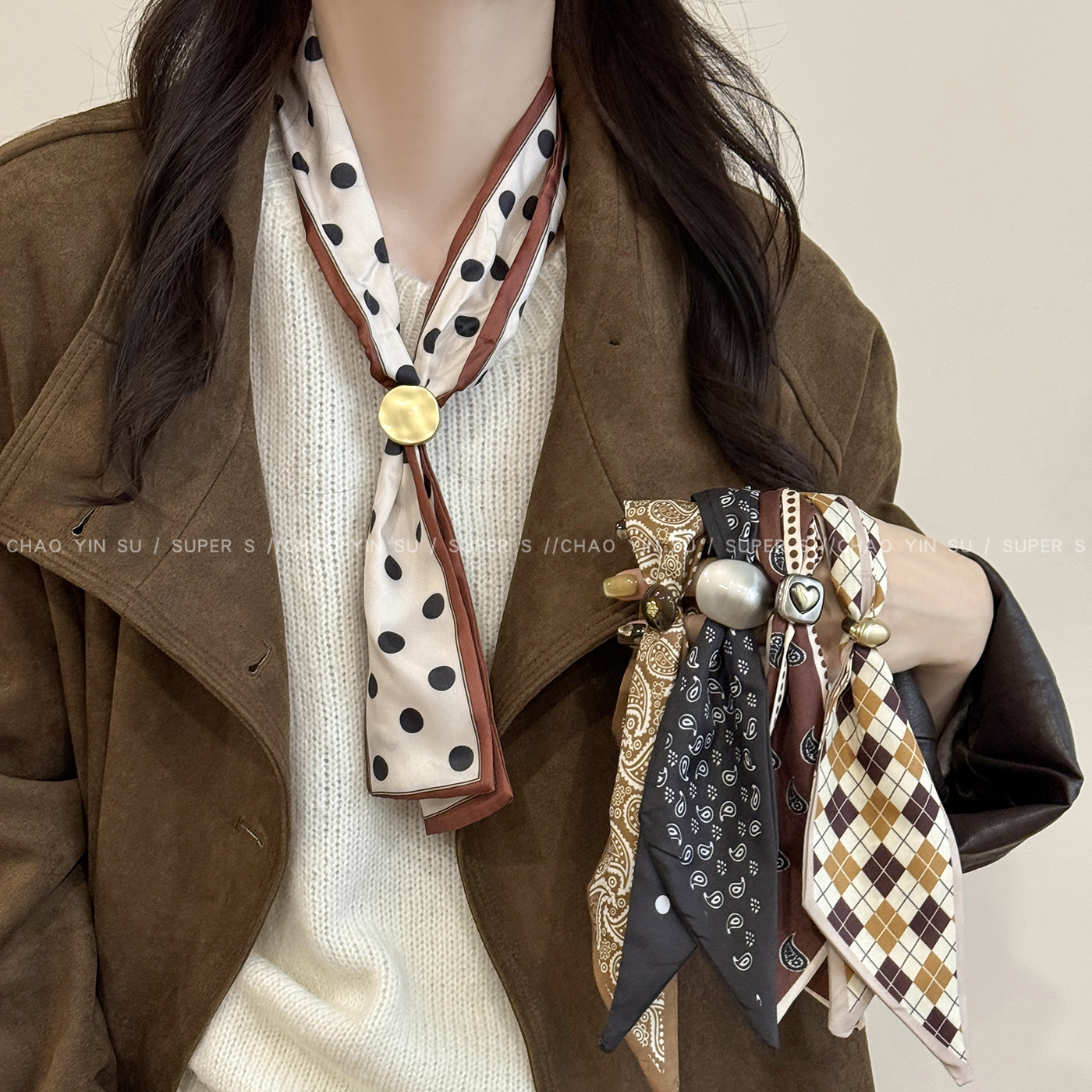 法式抽拉系脖丝巾项链毛衣链冬