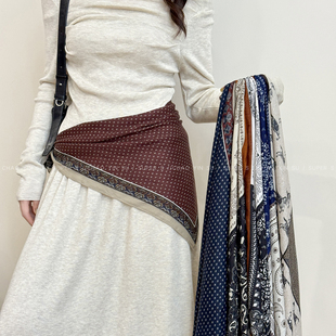 老钱风棕色腰果花方形丝巾腰带女秋冬复古系脖围巾配饰腰间装 饰品