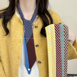 学院风~韩系针织条纹细窄围巾女秋冬长条领带围脖独特腰巾配饰品
