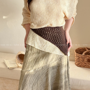 韩系ins风针织毛线镂空三角巾包头巾女秋冬配裙子屁帘腰巾配饰品