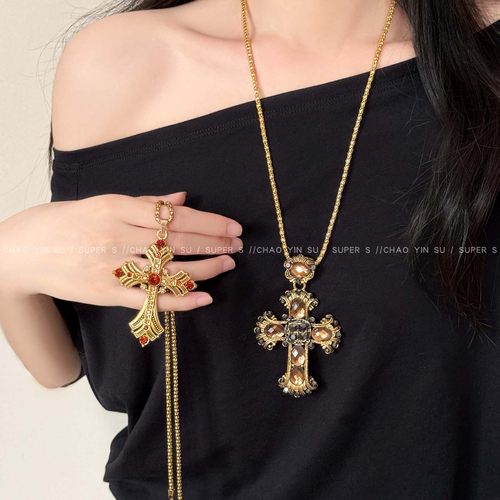 复古朋克做旧金色夸张十字架项链