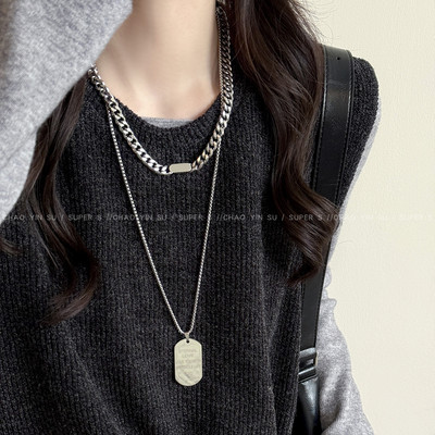 钛钢狗牌军牌吊坠项链女小众设计感卫衣链毛衣链时尚叠戴配饰男生